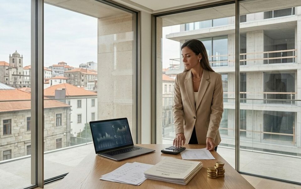Analyse financière d'une cession de position contractuelle sur un CPCV au Portugal, bureau avec vue sur les toits de Porto