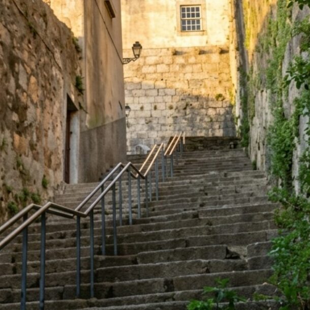 Escalier de pierre entre des bâtiments anciens au Portugal, illustrant une succession immobilière bloquée