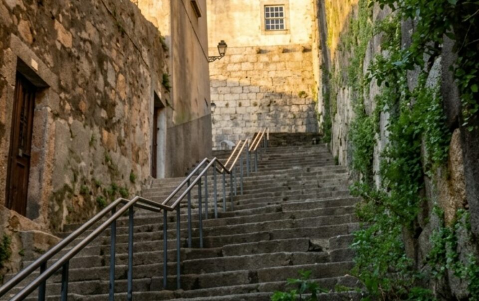 Escalier de pierre entre des bâtiments anciens au Portugal, illustrant une succession immobilière bloquée